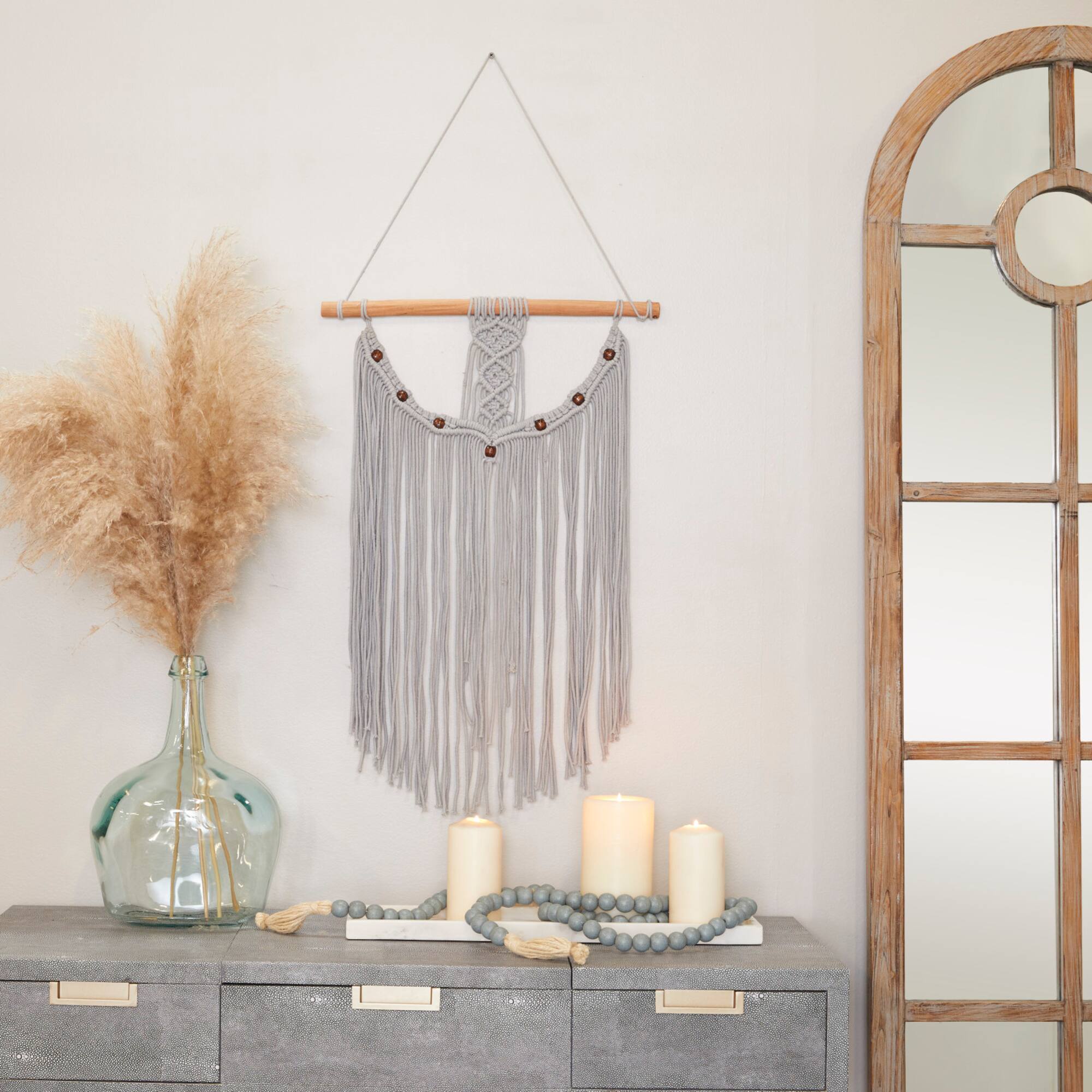 Gray Cotton Intricately Weaved Macrame Wall Decor with Beaded Fringe Tassels 20" x 1" x 44"